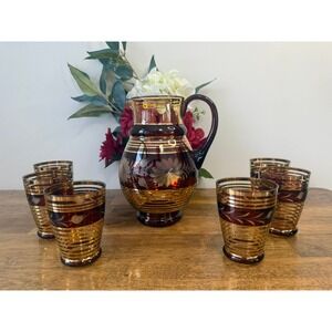 Vintage Czech Bohemian Amber Cut to Clear Crystal Pitcher Glasses Set Bar Cart
